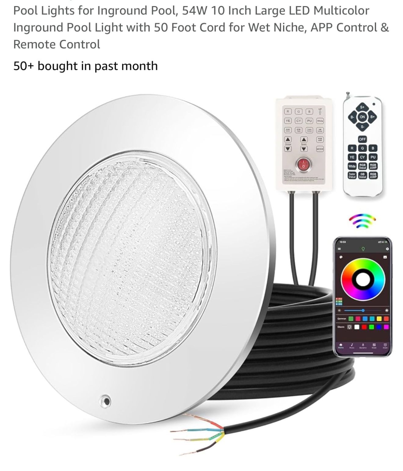 Pool Lights for Inground Pool, 54W 10 Inch Large LED Multicolor Inground Pool Light with 50 Foot Cord for Wet Niche, APP Control & Remote Control