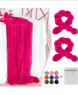 Hot Pink Cheesecloth Table Runner 2 Pack 35" Boho Gauze Table Runner 120 inches Long Runner Rustic Sheer Fabric Bulk for Baby Shower Wedding Bridal Bi