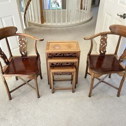 Antiques Stacked Asian Rosewood Tables With Chairs Sun Stained with Dragon detailing