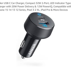 USB C Car Charger, Compact 32W 2-Port, LED Indicator Type C Charger with 20W Power Delivery & 12W PowerIQ, Compatible with iPhone 15 14 13 12 Series, 