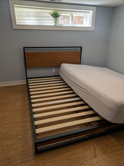Modern Industrial Queen Platform Bed – Wood Headboard & Black Metal Frame