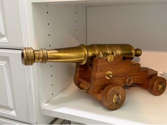 50 Year Old Custom Made Brass Canon Resting On Carved Wood Base