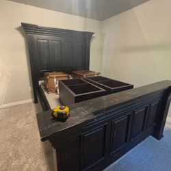 Queen Size Solid Wood Bed Frame with Box Springs – Black Distressed Finish