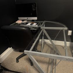 Glass Computer Desk And Black Leather Desk Chair With Wheels