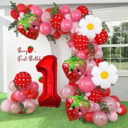 Soonlyn Berry First Birthday Decor 12Ft Strawberry Balloon Arch Kit With Strawberry Balloons Garland Foil First Daisy Dalloons For First Birthday Swee