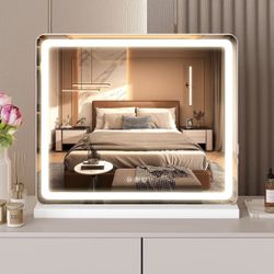 LED Vanity Mirror with Lights, Dimmable 3 Color Modes Makeup Mirror with Memory Function, USB Charging, Aluminum Frame, Lighted Mirror for Desk or Bed