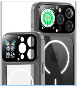 Phone Case for iPhone 16 Pro Max with 1.85 Inch Smart Display, Rechargeable MagSafe Compatible Shockproof Clear Case with Notifications and Weather Di