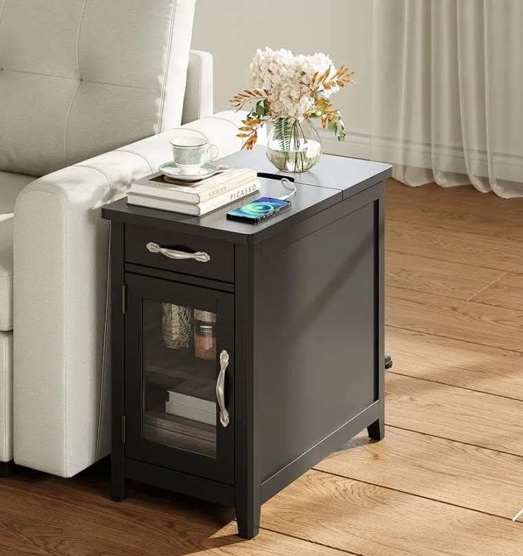 End Table with Charging Station, Updated Farmhouse Flip Top Side Table with Cup Holder, Storage Drawer and Glass Door, Wooden Narrow Bedside Nightstan