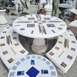 Concrete Mosaic Picnic Table with 3 Benches/ Outdoor Patio Furniture