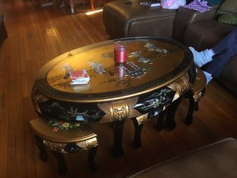 Mother of pearl Asian cocktail table with 6 stools