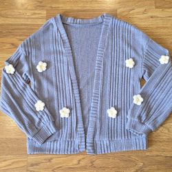 Light Blue Ribbed Cardigan w/ Flowers 11-12y