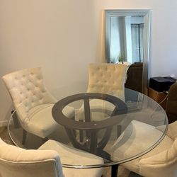 Thomasville Round Glass Dining Table – Solid Wood Base