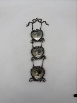 Vintage Triple Heart Hanging Photo Frame Ornate Silver Tone Pewter Shabby Chic