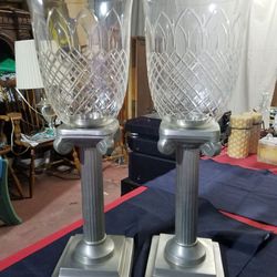 Set of two large tall heavy pewter column and cut crystal hurricane glass candle sticks holders 17.5 inches tall A71V461
