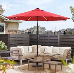 9ft Outdoor Patio Umbrella with Solar Lights, 40 LED 8 Ribs Pool Umbrella with Button Tilt and Crank, Aluminum Polyester Lighted Umbrella - Red