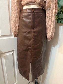 Brown Faux Leather Midi Pencil Skirt
