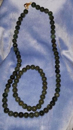 Dark Green Beaded Jade Necklace and Bracelet Set  New