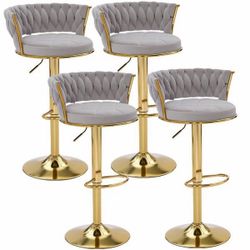 Bar Stools Set of 4, Adjustable Barstools Counter Height Stools with Back and Arm, Velvet Woven Kitchen Island Stools w/Gold Metal Leg & Base, 360° Sw