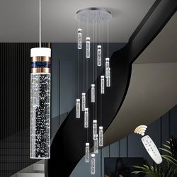Modern Crystal Staircase Chandelier for High Ceilings, 118", Dimmable LED with Remote, Spiral Long Crystal Chandeliers for Staircase, Double-Height, 2
