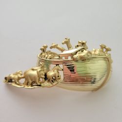 Vintage Brooch Signed AJC Gold Tone Metal Noah's Arc Religious Pin