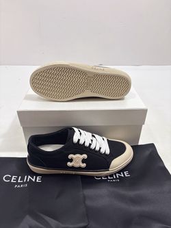 CELINE Women’s Canvas Low-Top Sneakers Black & White Triomphe Logo Size 36
