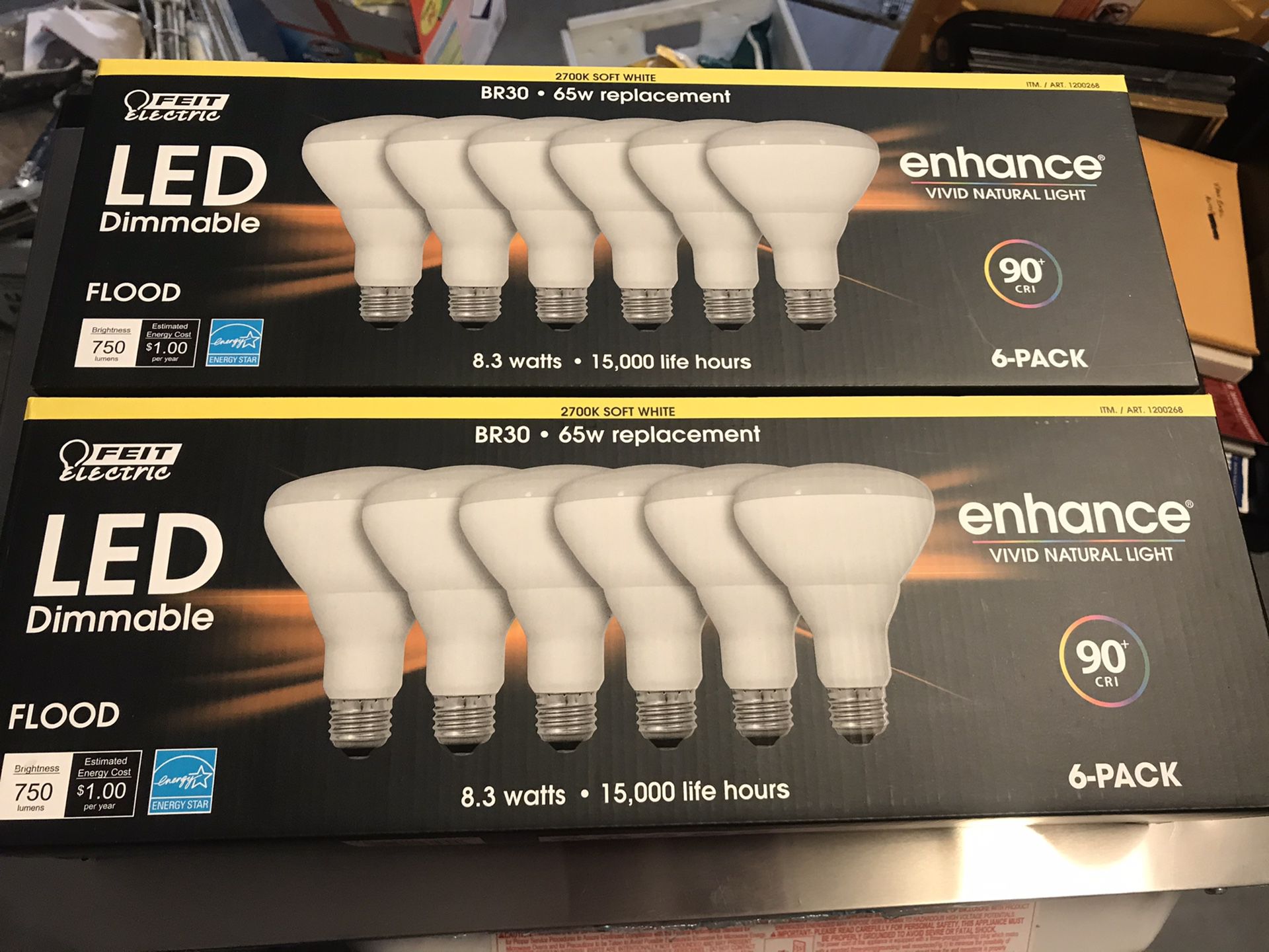 2 new boxes Feit electric LED dimmable flood lightbulbs energy efficient 65w soft white (but only uses 8.3 watts