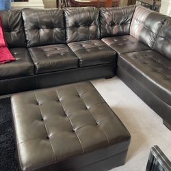 Brown Faux Leather Sectional Plus Ottoman 