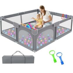 Baby Playpen, 50x50x27" Large Activity Center with Gate, Anti-Slip Base, Gray #286