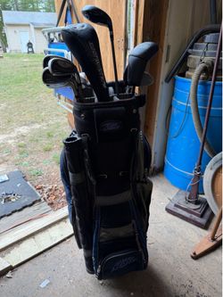 Bud Light golf bag, golf clubs
