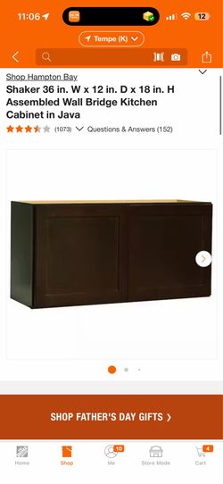 Hampton Bay. Shaker 36 in. W x 12 in. D x 18 in. H Assembled Wall Bridge Kitchen Cabinet in Java New $99