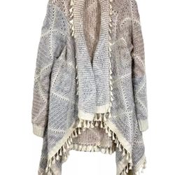 Orange Creek Womens Sweater Small Ivory Gray Soft Knit Fringe Open Cardigan