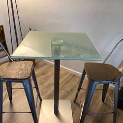 Like New Modern Mirrored broken glass bar table with two contemporary bar chairs