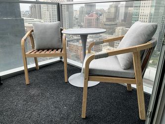 Outdoor Patio Table and Wood Frame Armchairs with Gray Cushions – Set of 2