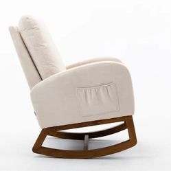 Rocking Chair Mid-Century Modern Nursery Rocking Armchair Upholstered Tall Back Accent Glider Rocker for Living Room (Beige)
