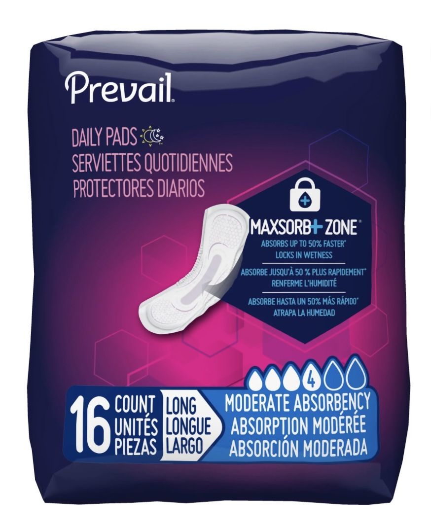 Prevail Daily Pads – 9 Packs (16 Each) = 144 Pads | Long, Moderate Absorbency | Multiple Boxes Available