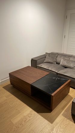 Modern Walnut & Black Marble Coffee Table | Hidden Storage | Like New