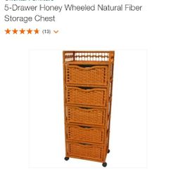 5 Drawer Honey Wheeled Natural Fiber Storage Chest