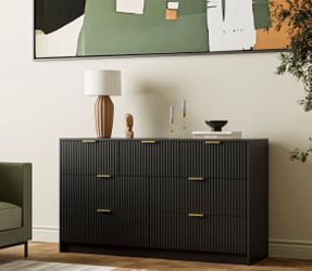 Black Fluted 6-Drawer Dresser with Gold Handles