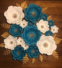 Gold Blue and white Party pape flowers baby shower baptism birthday quinceañera wedding spring decoración fiesta flores papel handmade