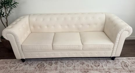 Cream Faux Leather Chesterfield Sofa and Loveseat Set