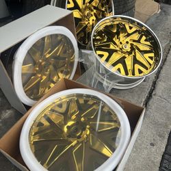 26 Inch Gold Over Chrome Forgiato 3 Piece Wheels Rims Tires