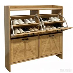 Shoe cabinet with 4 flip drawers, country-style storage (light oak color)
