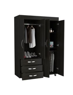 Hamilton Mobile Armoire with 2 Double Door Cabinets, 3 Drawers, 2 Rods, and Inner Shelves, Black By Latitude Run