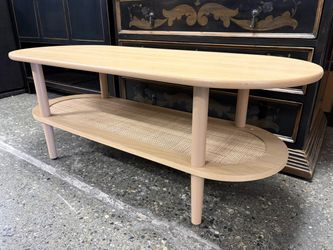 MODWAY Torus Blonde Oval Coffee Table w/ Cane Bottom Shelf