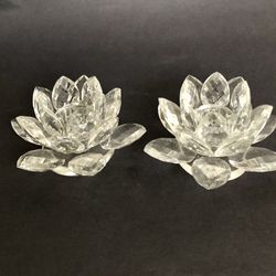 2 Pc Shannon by Godinger LARGE Crystal LOTUS FLOWER Pillar Candle Holders
