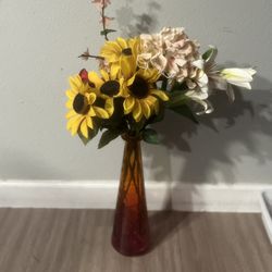 Crimson and Gold Vase With An Assortment Of Flowers 