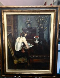 J. Koslowski Signed Framed Canvas Painting Woman Reading Interior Still Life 32.5"×26.5"