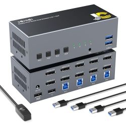 Displayport KVM Switch Dual Monitor 8K@60Hz USB 3.0 DP 1.2 KVM Switcher for 4 Computers Share 2 Monitors and 4 USB Devices Support Extended amp Copy M