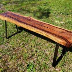 Oak Slab Bench w Black Metal Legs