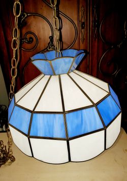 Vintage Tiffany Style Blue & White Stained Glass Hanging Pendant Light 16” Wide Tested and Works great